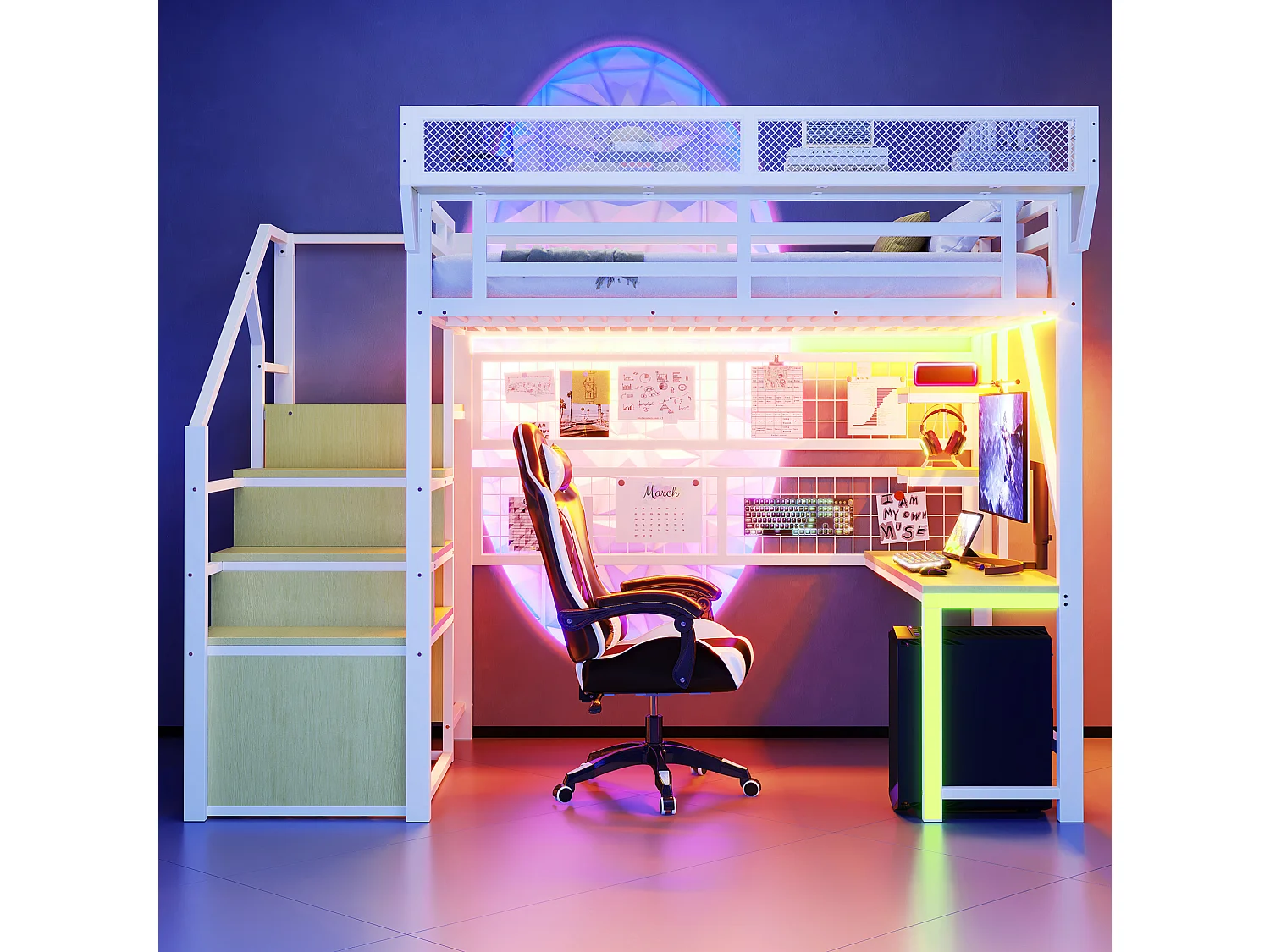 Letto a soppalco in metallo 140x200 cm con scrivania, ripiani, LED e prese elettriche – bianco, materasso non incluso