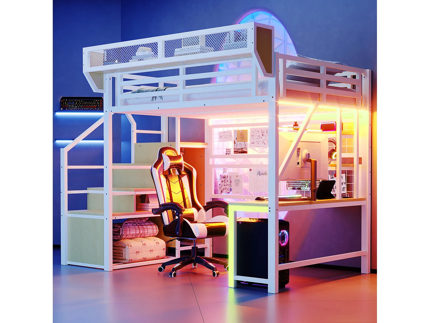 Letto a soppalco in metallo 140x200 cm con scrivania, ripiani, LED e prese elettriche – bianco, materasso non incluso