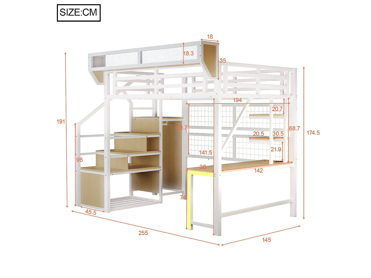 Letto a soppalco in metallo 140x200 cm con scrivania, ripiani, LED e prese elettriche – bianco, materasso non incluso