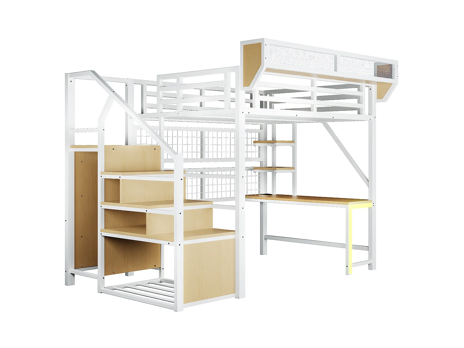 Letto a soppalco in metallo 140x200 cm con scrivania, ripiani, LED e prese elettriche – bianco, materasso non incluso