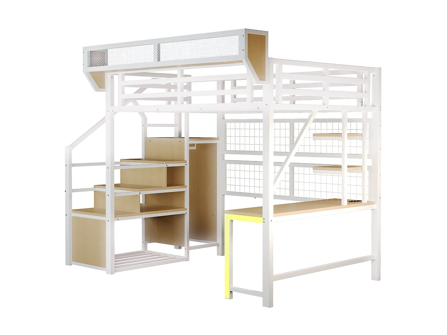 Letto a soppalco in metallo 140x200 cm con scrivania, ripiani, LED e prese elettriche – bianco, materasso non incluso