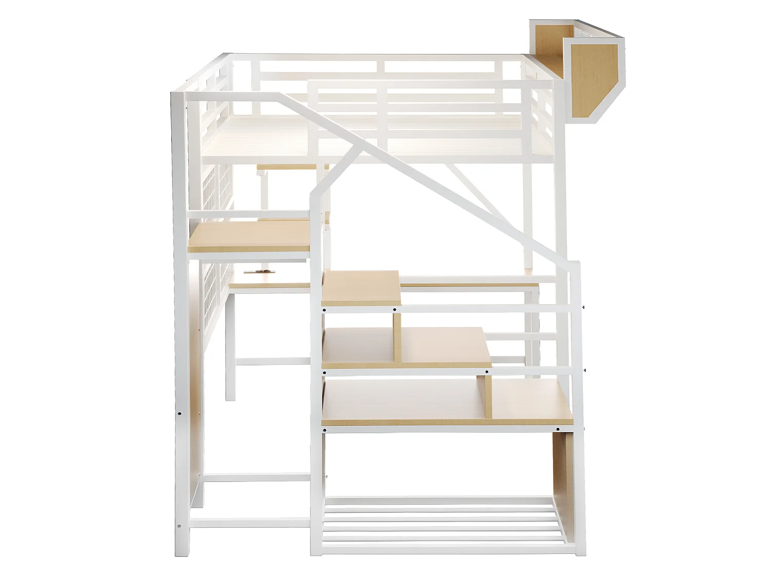 Letto a soppalco in metallo 140x200 cm con scrivania, ripiani, LED e prese elettriche – bianco, materasso non incluso