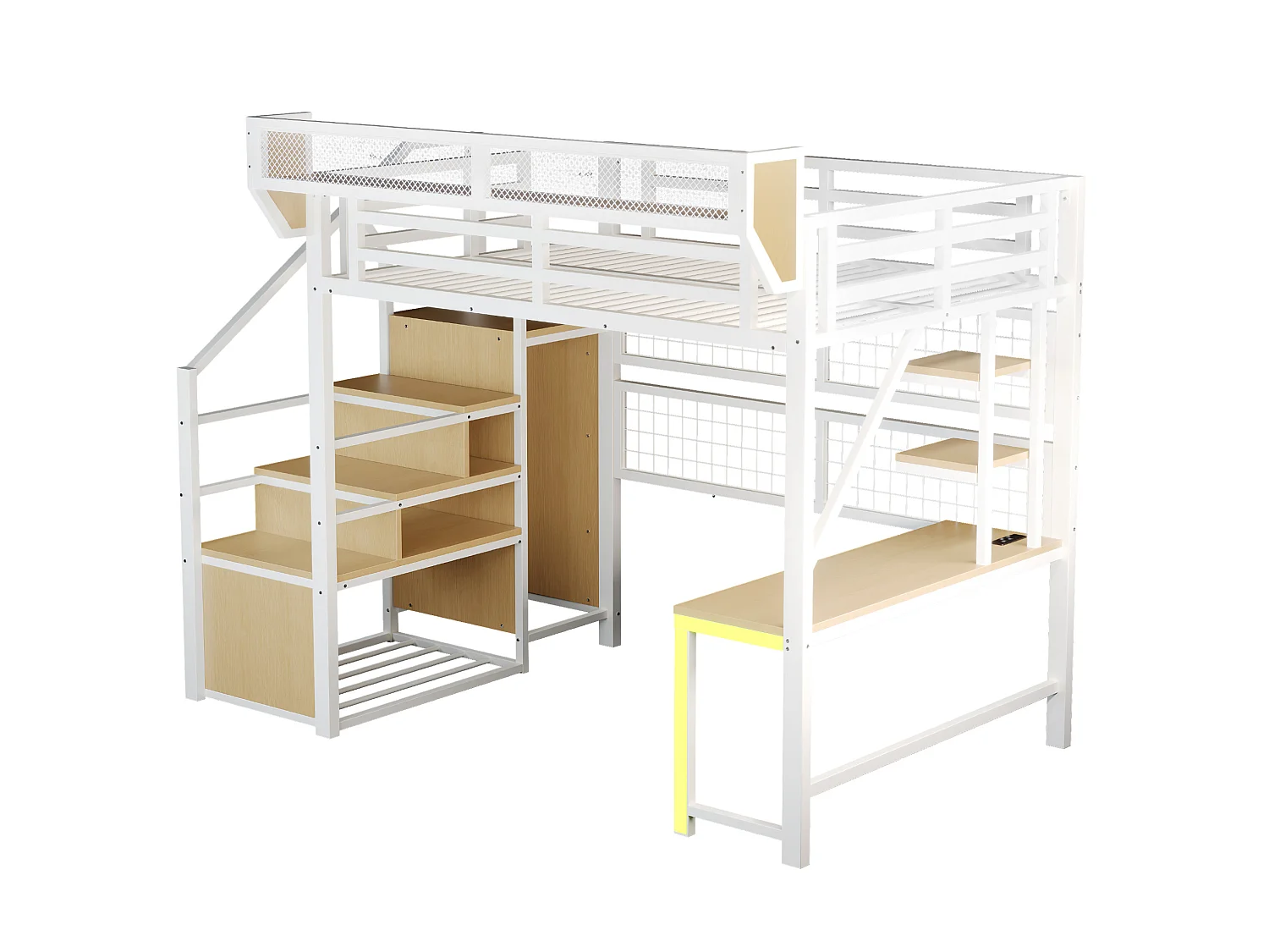 Letto a soppalco in metallo 140x200 cm con scrivania, ripiani, LED e prese elettriche – bianco, materasso non incluso
