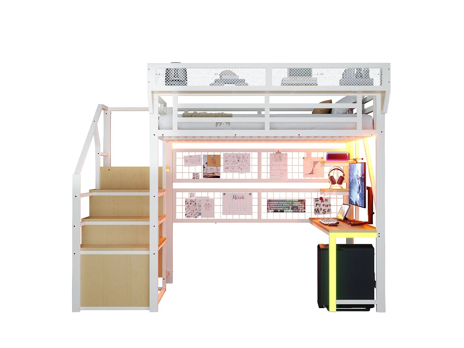 Letto a soppalco in metallo 140x200 cm con scrivania, ripiani, LED e prese elettriche – bianco, materasso non incluso