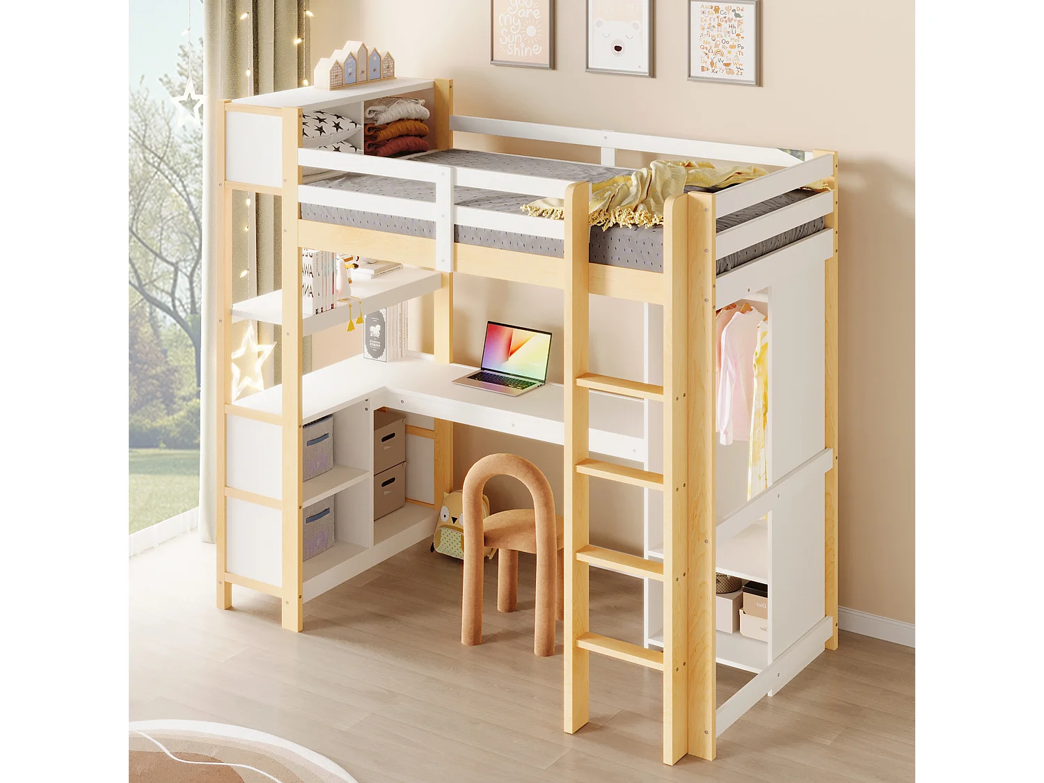 Letto a soppalco 90x200 cm con scrivania, scaffali e armadio, legno naturale, materasso non incluso