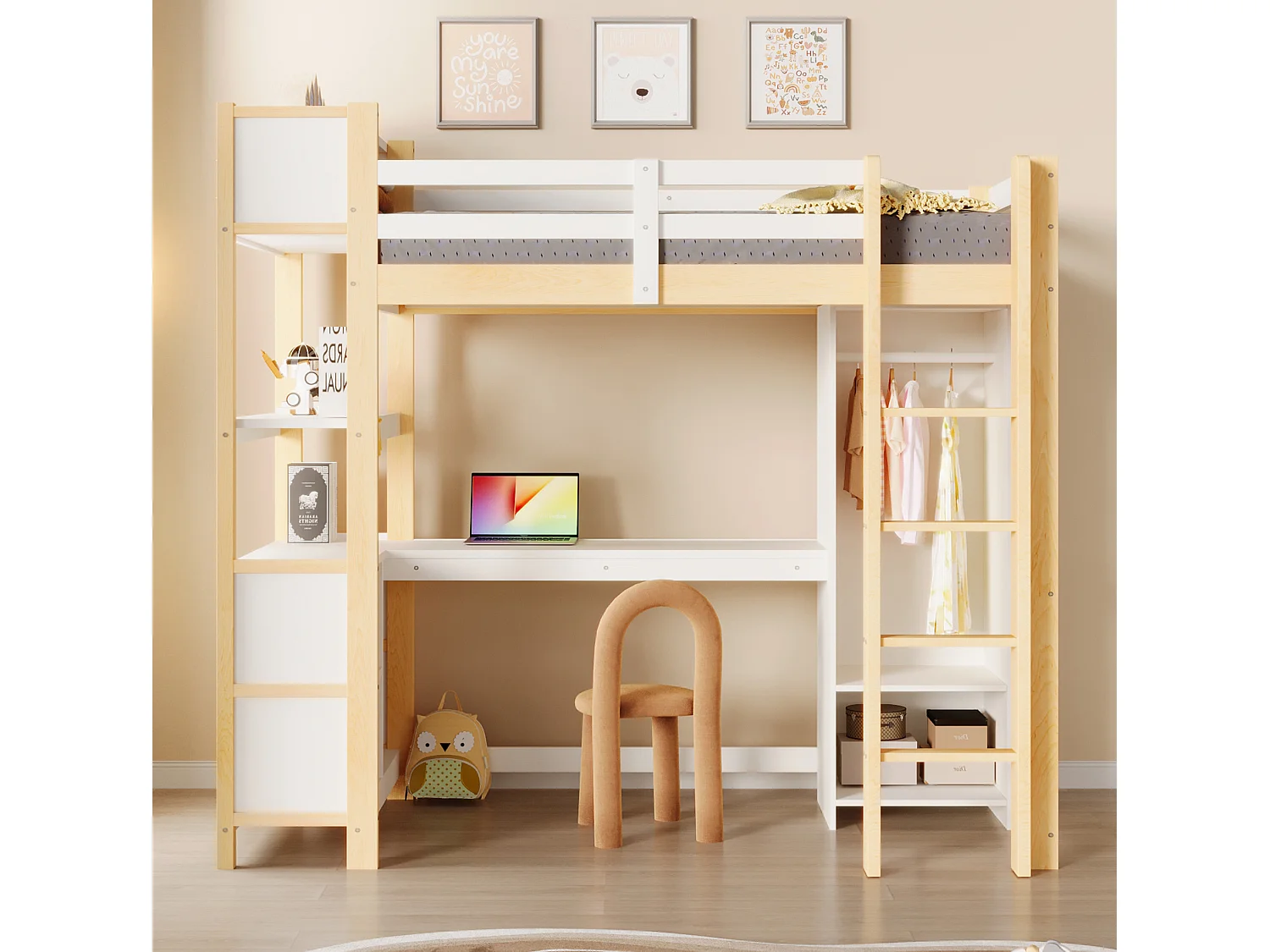 Letto a soppalco 90x200 cm con scrivania, scaffali e armadio, legno naturale, materasso non incluso