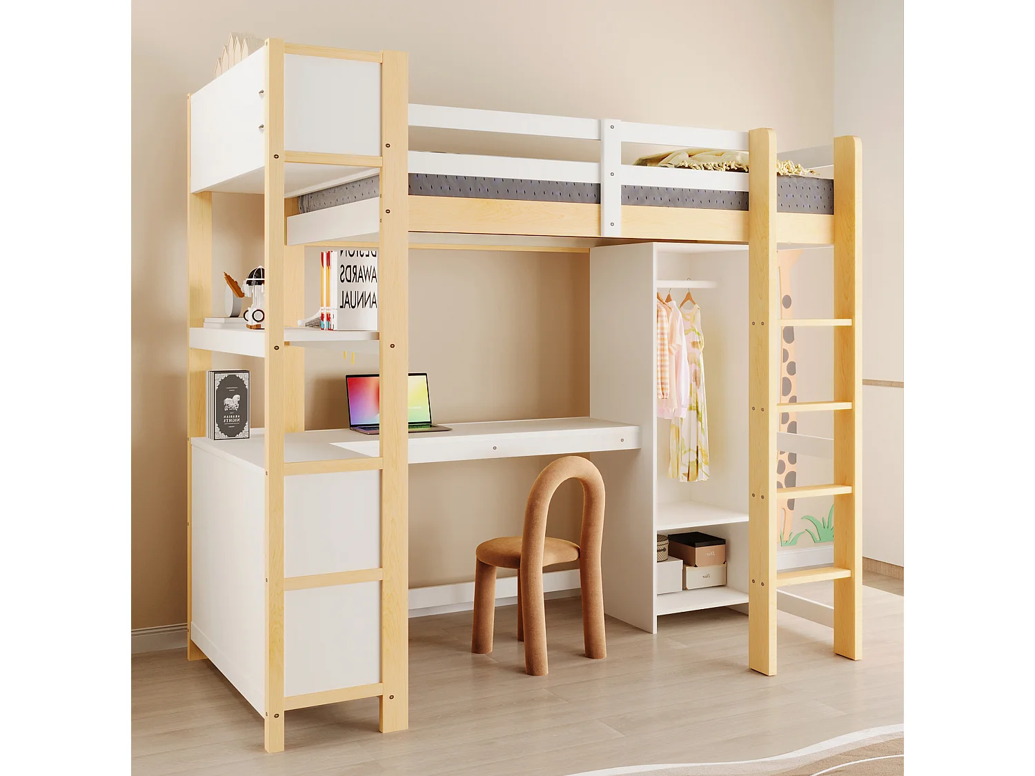 Letto a soppalco 90x200 cm con scrivania, scaffali e armadio, legno naturale, materasso non incluso