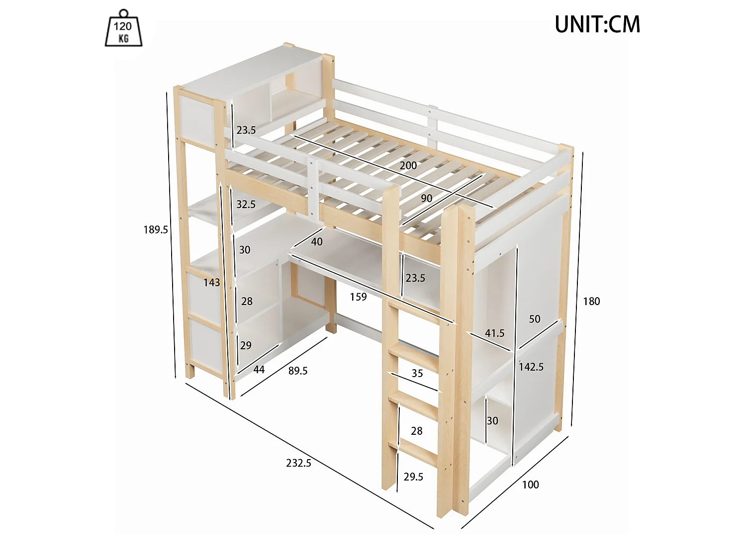 Letto a soppalco 90x200 cm con scrivania, scaffali e armadio, legno naturale, materasso non incluso