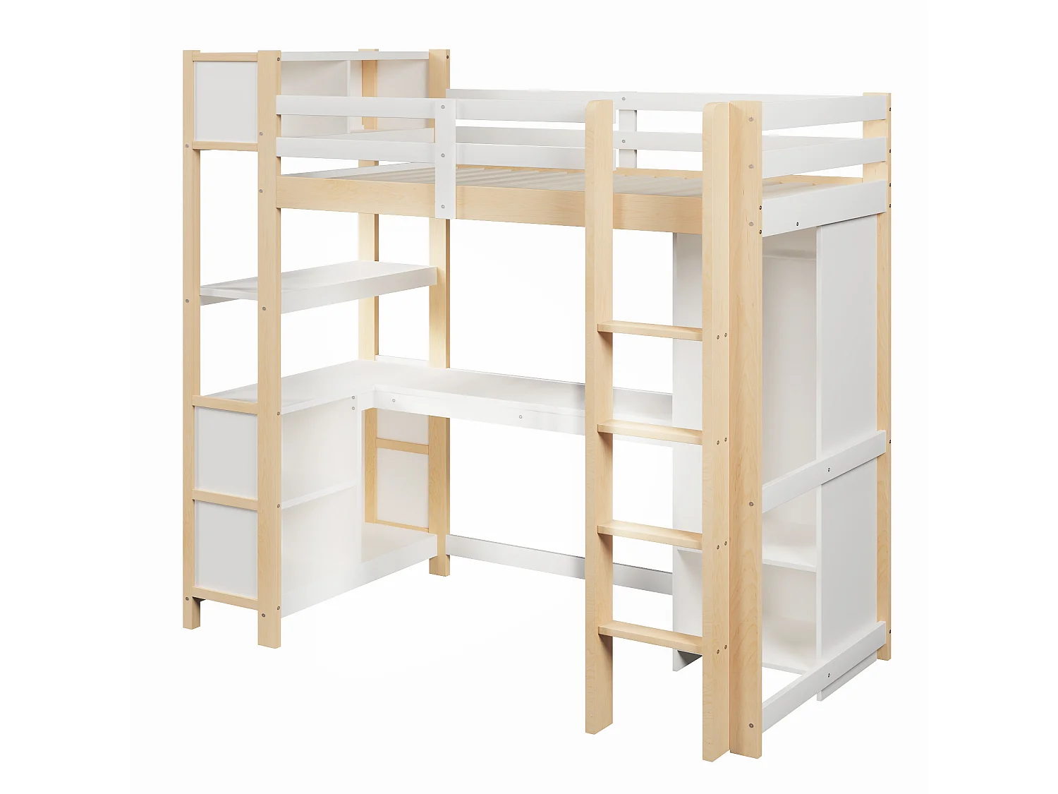 Letto a soppalco 90x200 cm con scrivania, scaffali e armadio, legno naturale, materasso non incluso