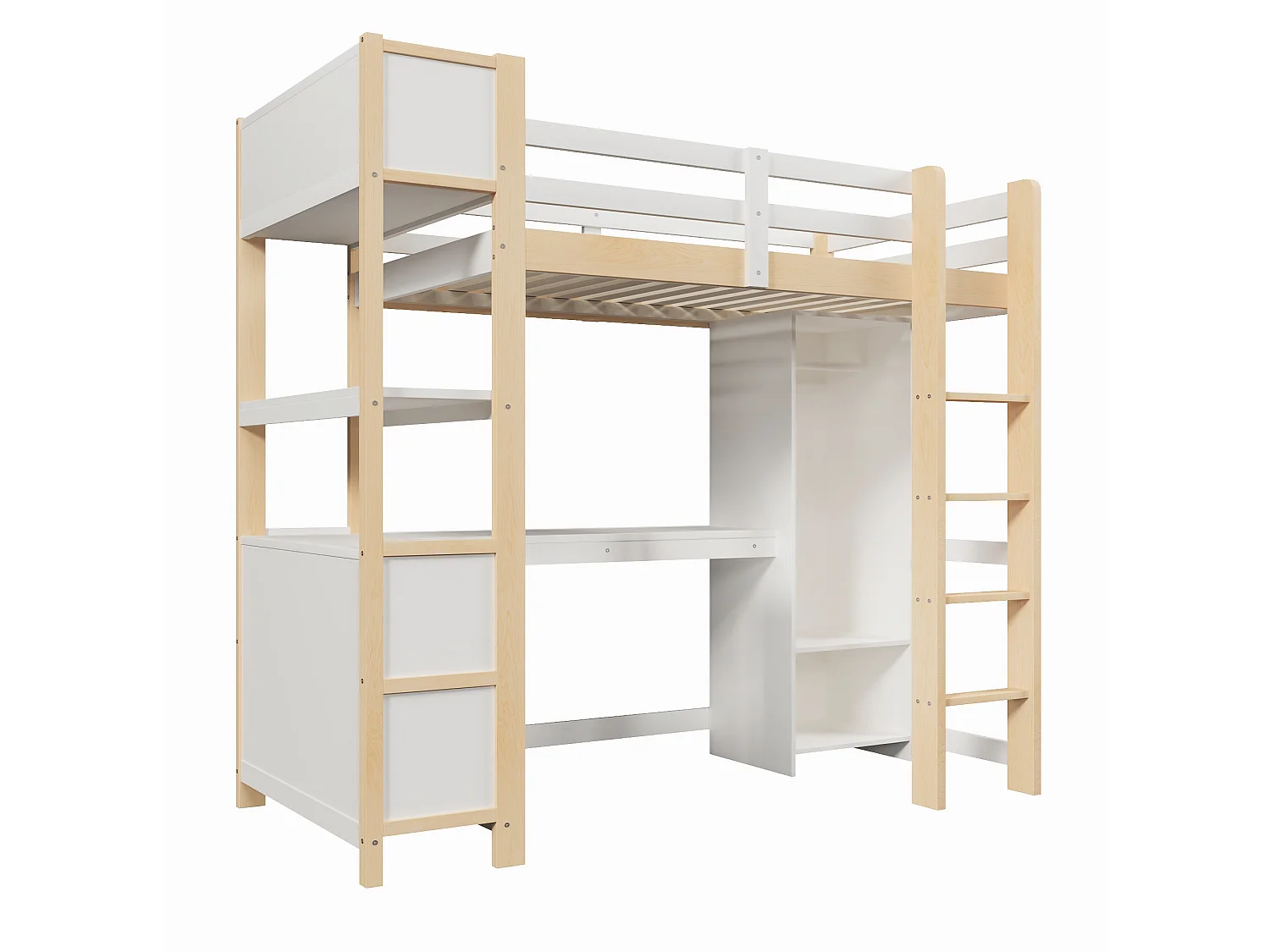 Letto a soppalco 90x200 cm con scrivania, scaffali e armadio, legno naturale, materasso non incluso