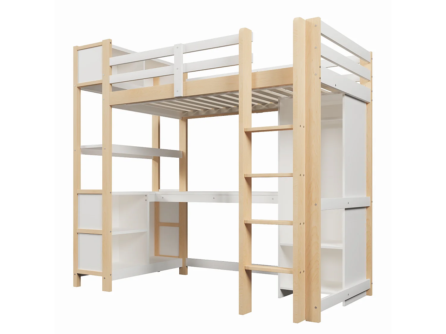 Letto a soppalco 90x200 cm con scrivania, scaffali e armadio, legno naturale, materasso non incluso