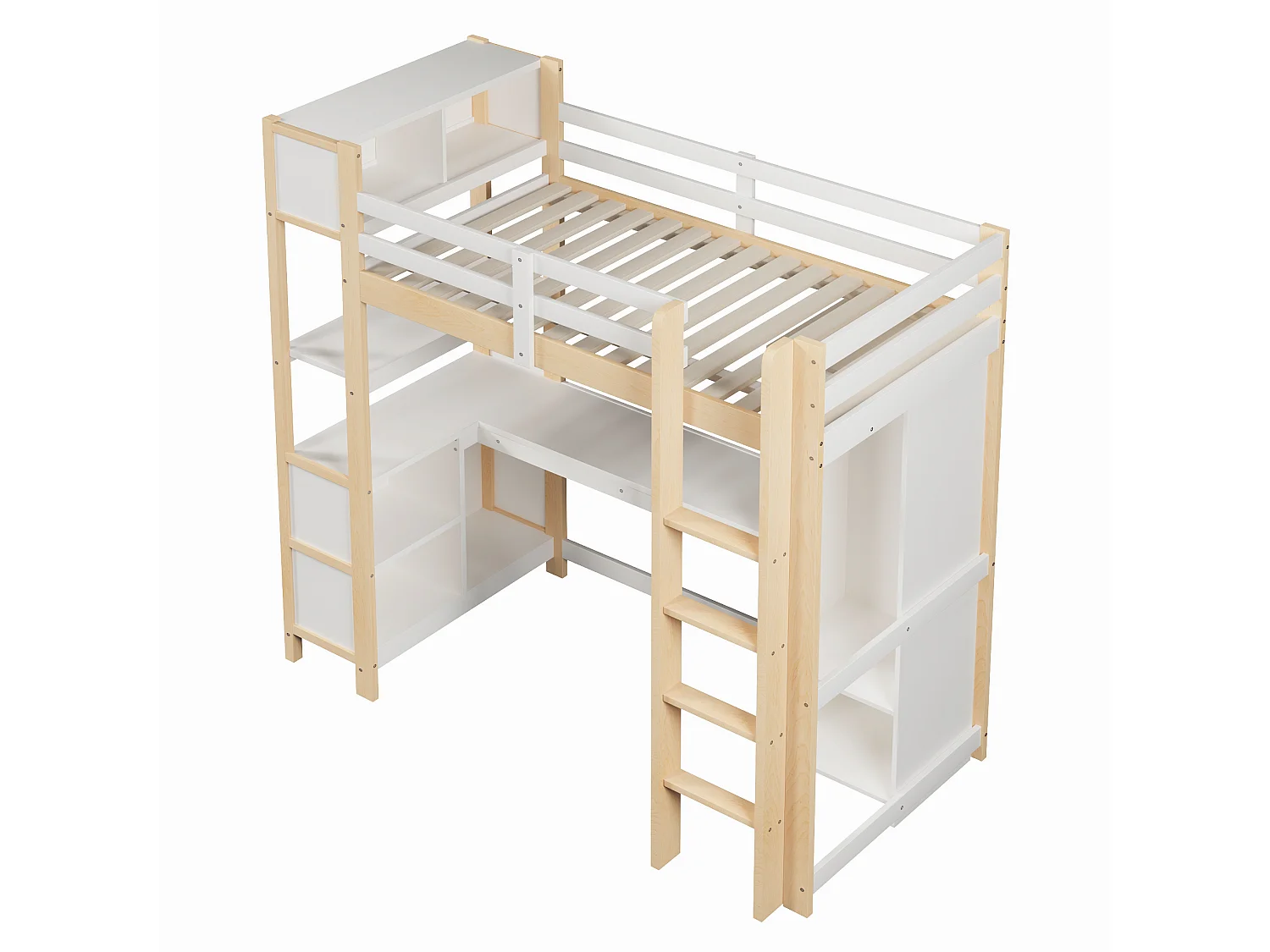 Letto a soppalco 90x200 cm con scrivania, scaffali e armadio, legno naturale, materasso non incluso