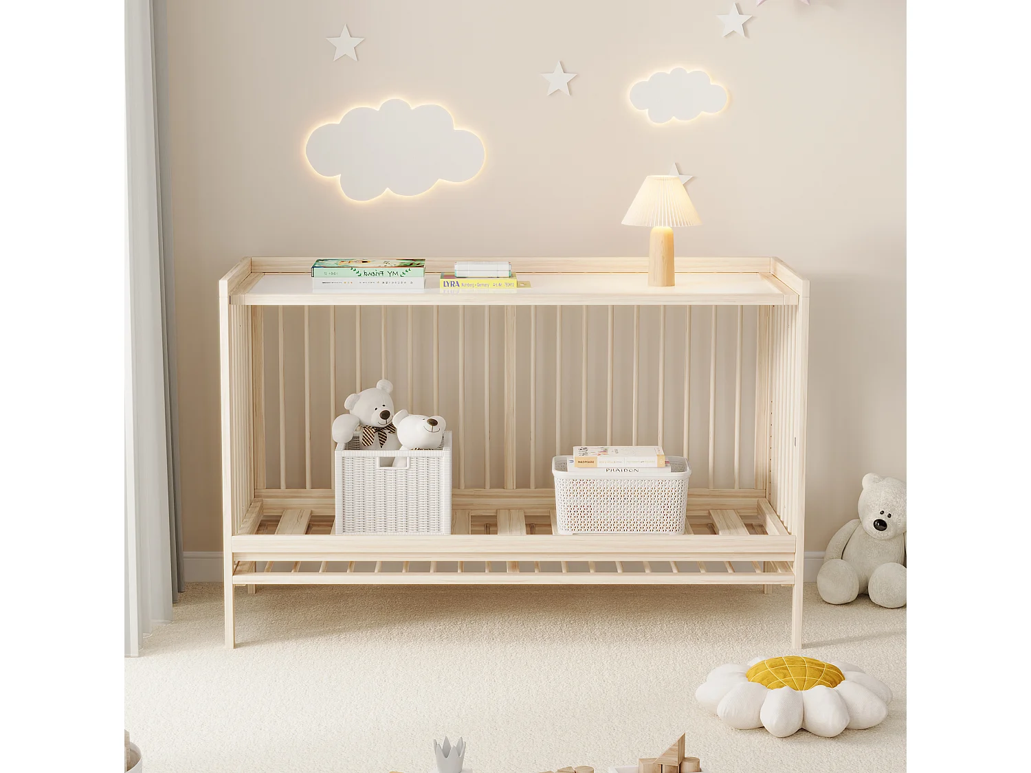 Lit bébé 120x60 cm convertible en lit d'appoint et bureau, en pin, naturel, sans matelas