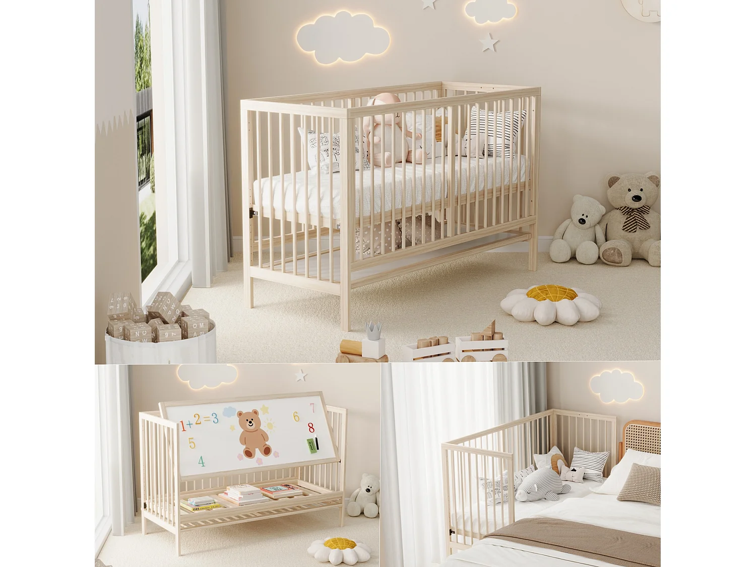 Lit bébé 120x60 cm convertible en lit d'appoint et bureau, en pin, naturel, sans matelas