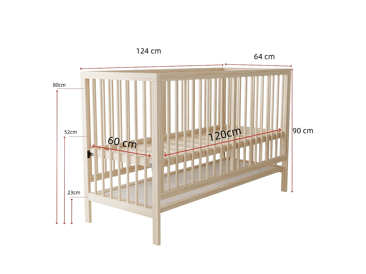 Lit bébé 120x60 cm convertible en lit d'appoint et bureau, en pin, naturel, sans matelas