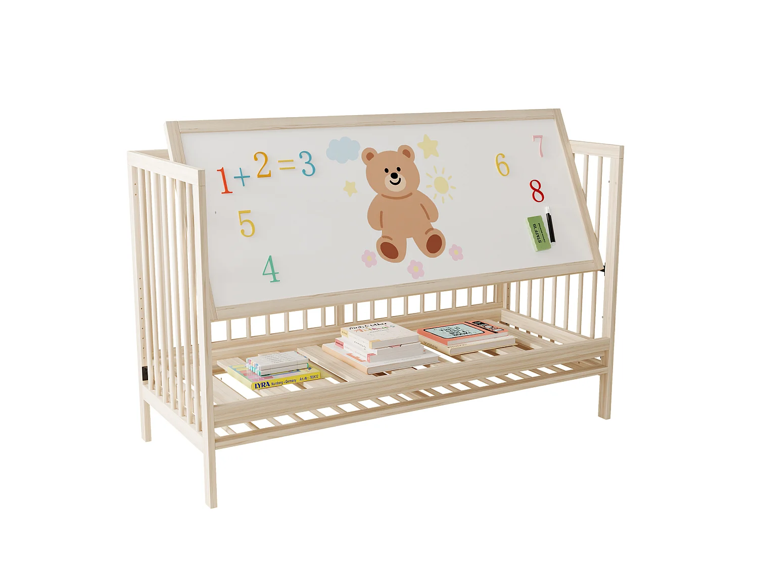 Lit bébé 120x60 cm convertible en lit d'appoint et bureau, en pin, naturel, sans matelas