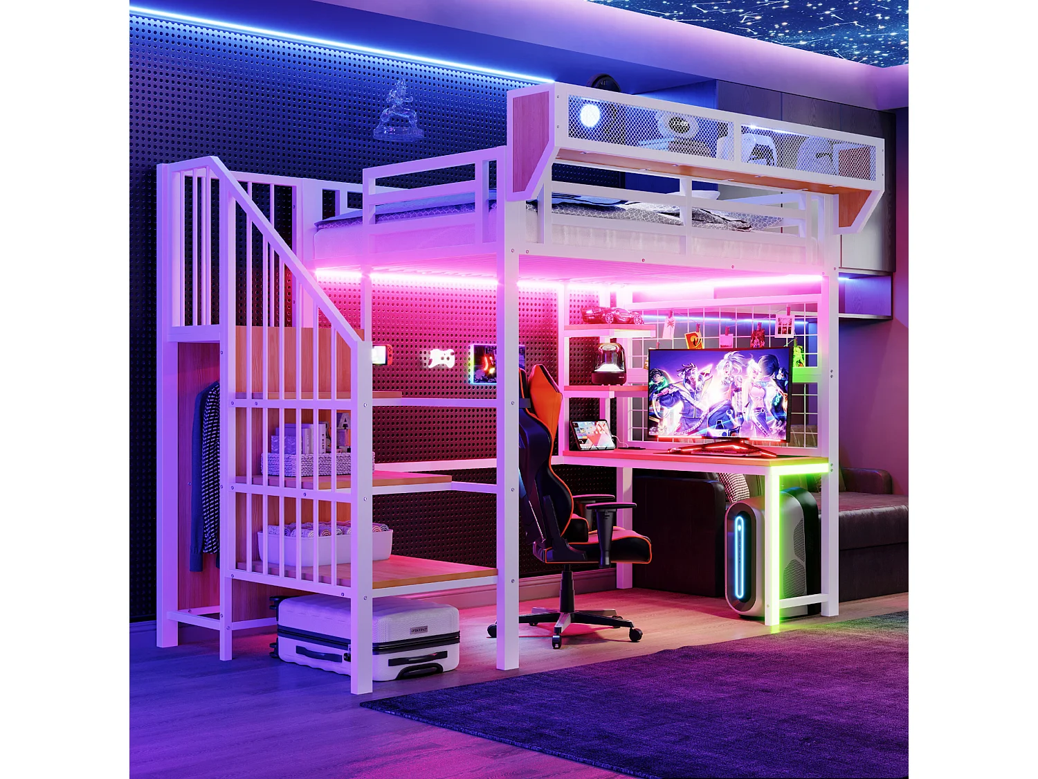 Letto a soppalco in metallo 90x200 cm con scrivania, vani contenitori, LED e presa elettrica – bianco – materasso non incluso
