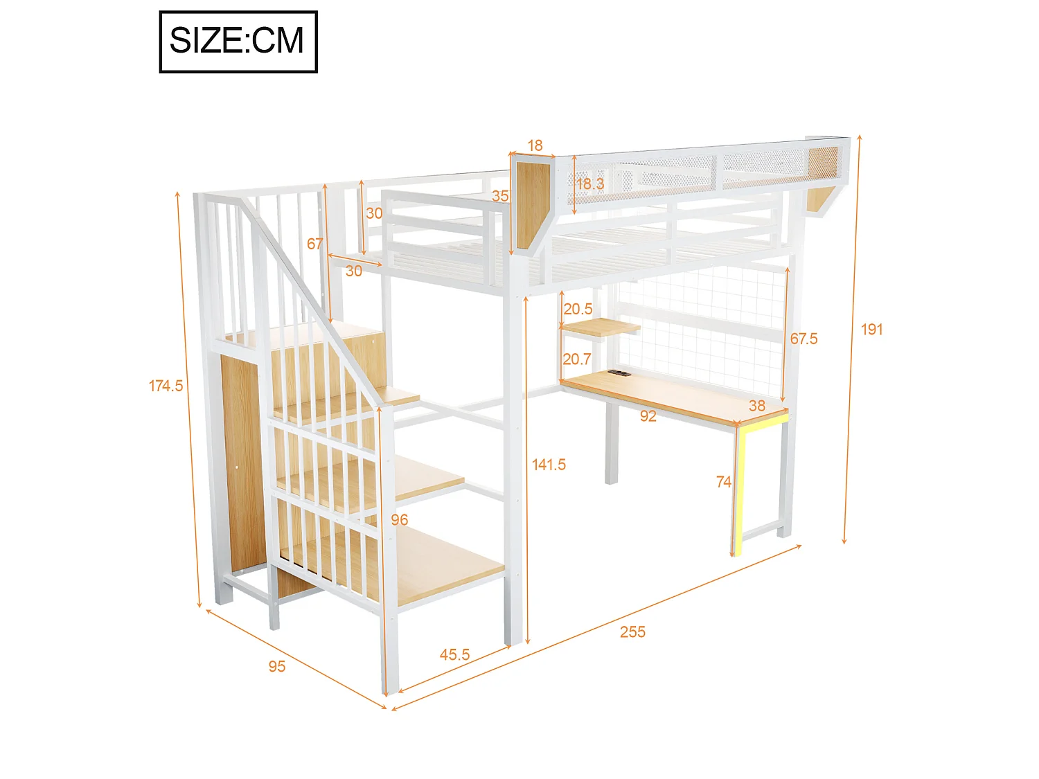 Letto a soppalco in metallo 90x200 cm con scrivania, vani contenitori, LED e presa elettrica – bianco – materasso non incluso