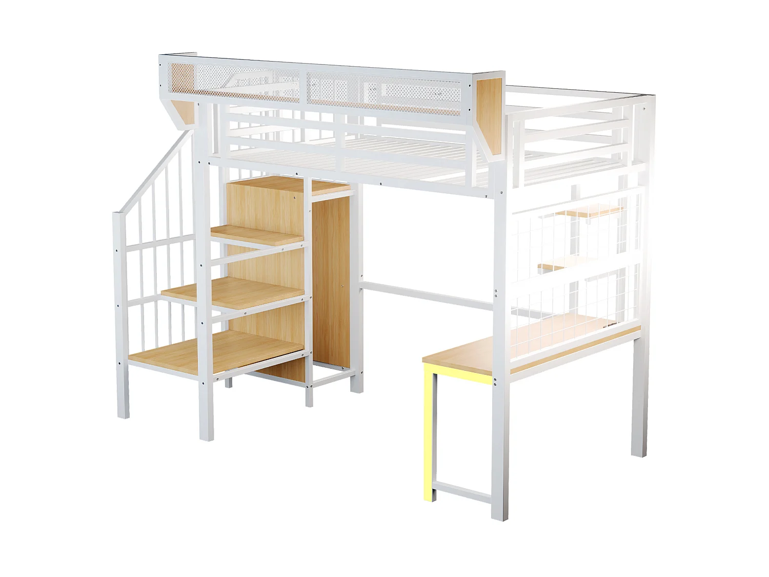 Letto a soppalco in metallo 90x200 cm con scrivania, vani contenitori, LED e presa elettrica – bianco – materasso non incluso