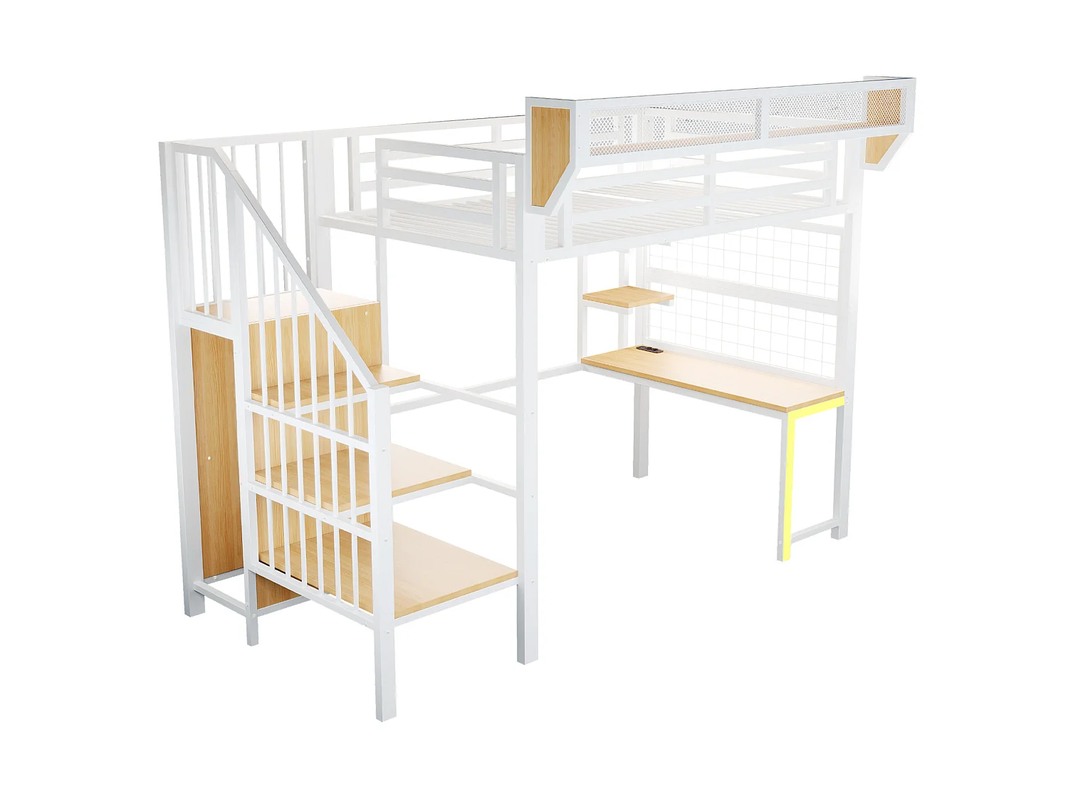Letto a soppalco in metallo 90x200 cm con scrivania, vani contenitori, LED e presa elettrica – bianco – materasso non incluso