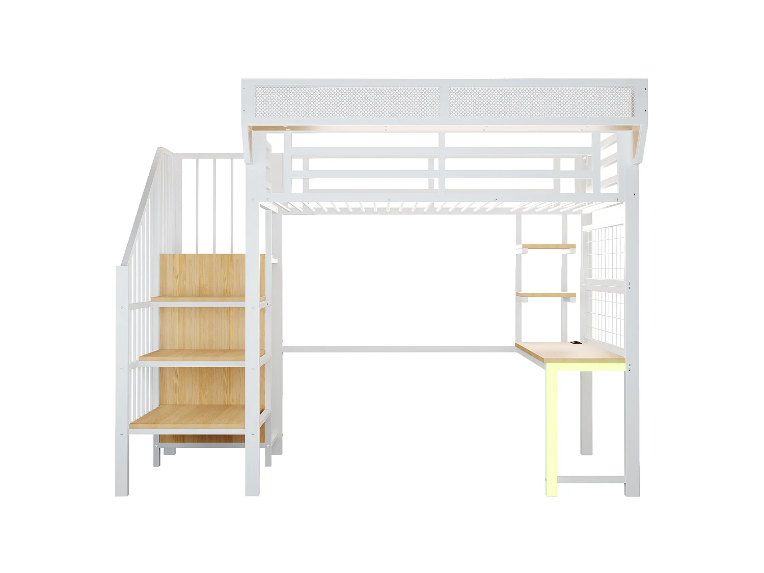 Letto a soppalco in metallo 90x200 cm con scrivania, vani contenitori, LED e presa elettrica – bianco – materasso non incluso