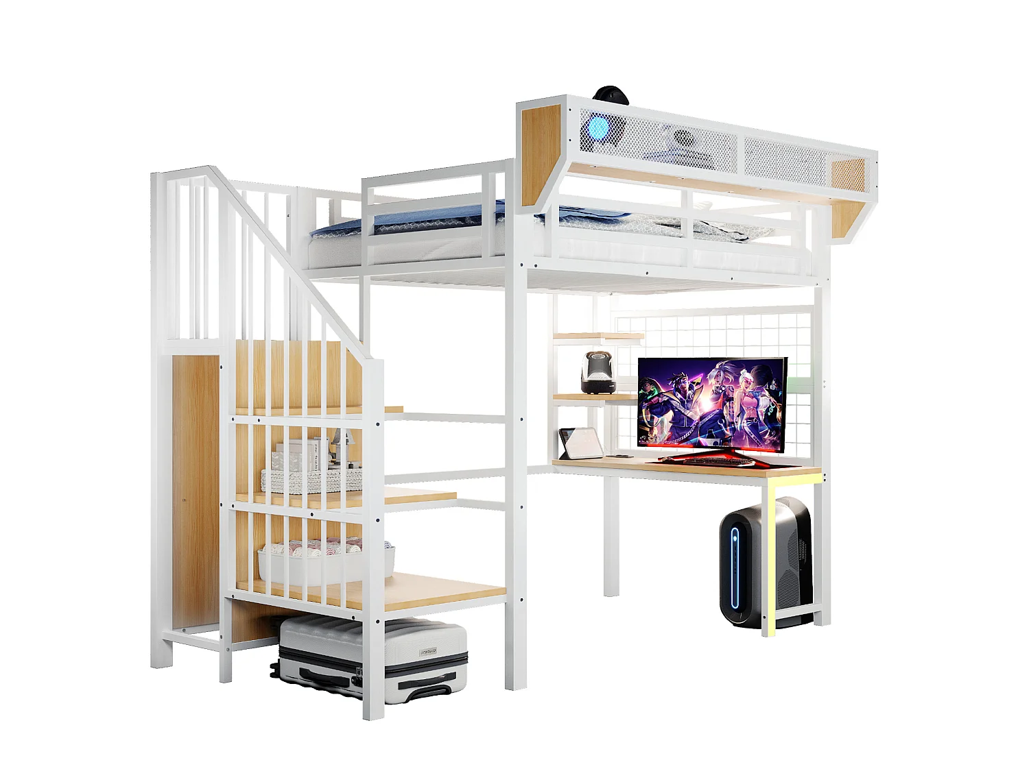 Letto a soppalco in metallo 90x200 cm con scrivania, vani contenitori, LED e presa elettrica – bianco – materasso non incluso