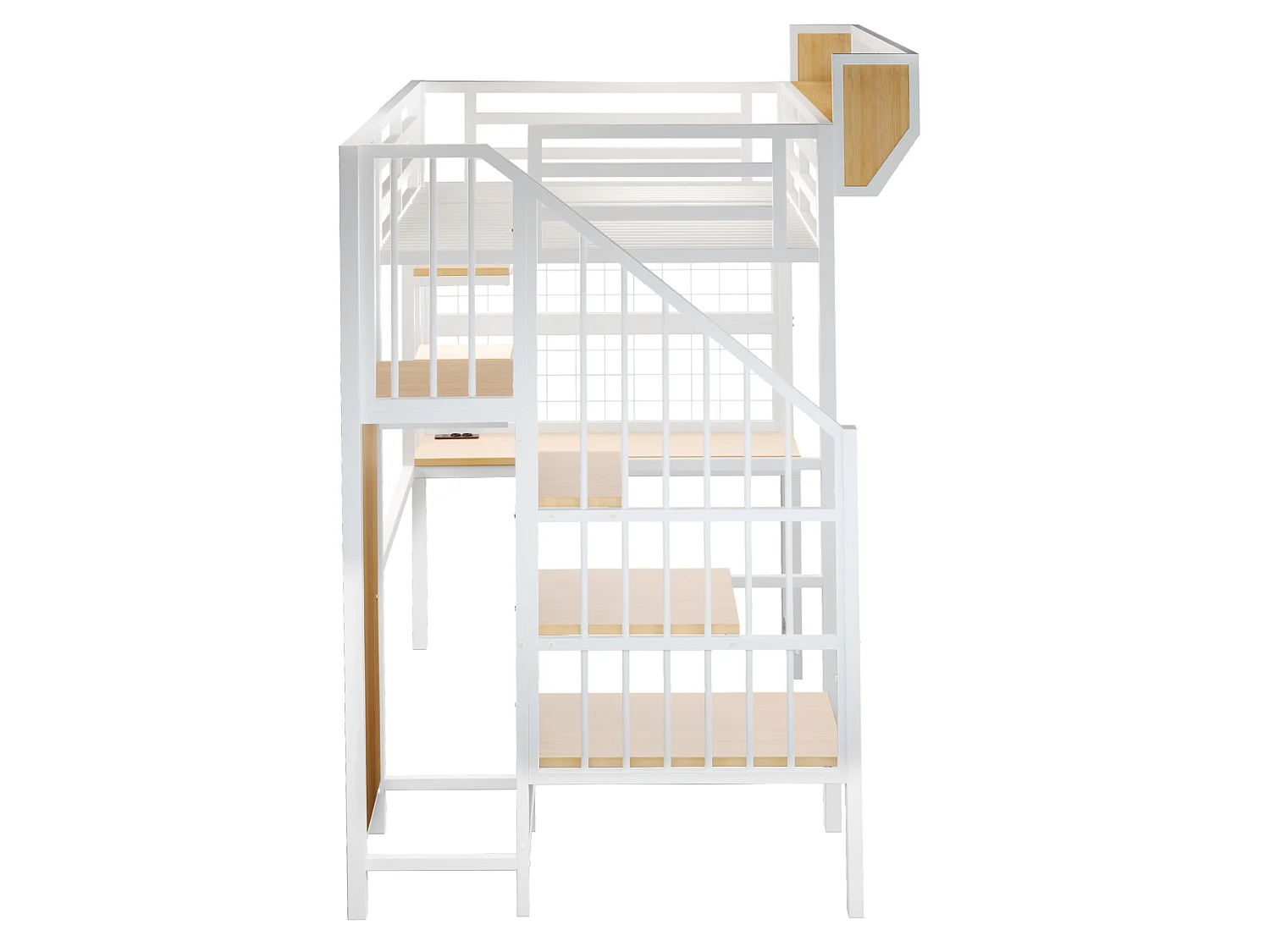 Letto a soppalco in metallo 90x200 cm con scrivania, vani contenitori, LED e presa elettrica – bianco – materasso non incluso