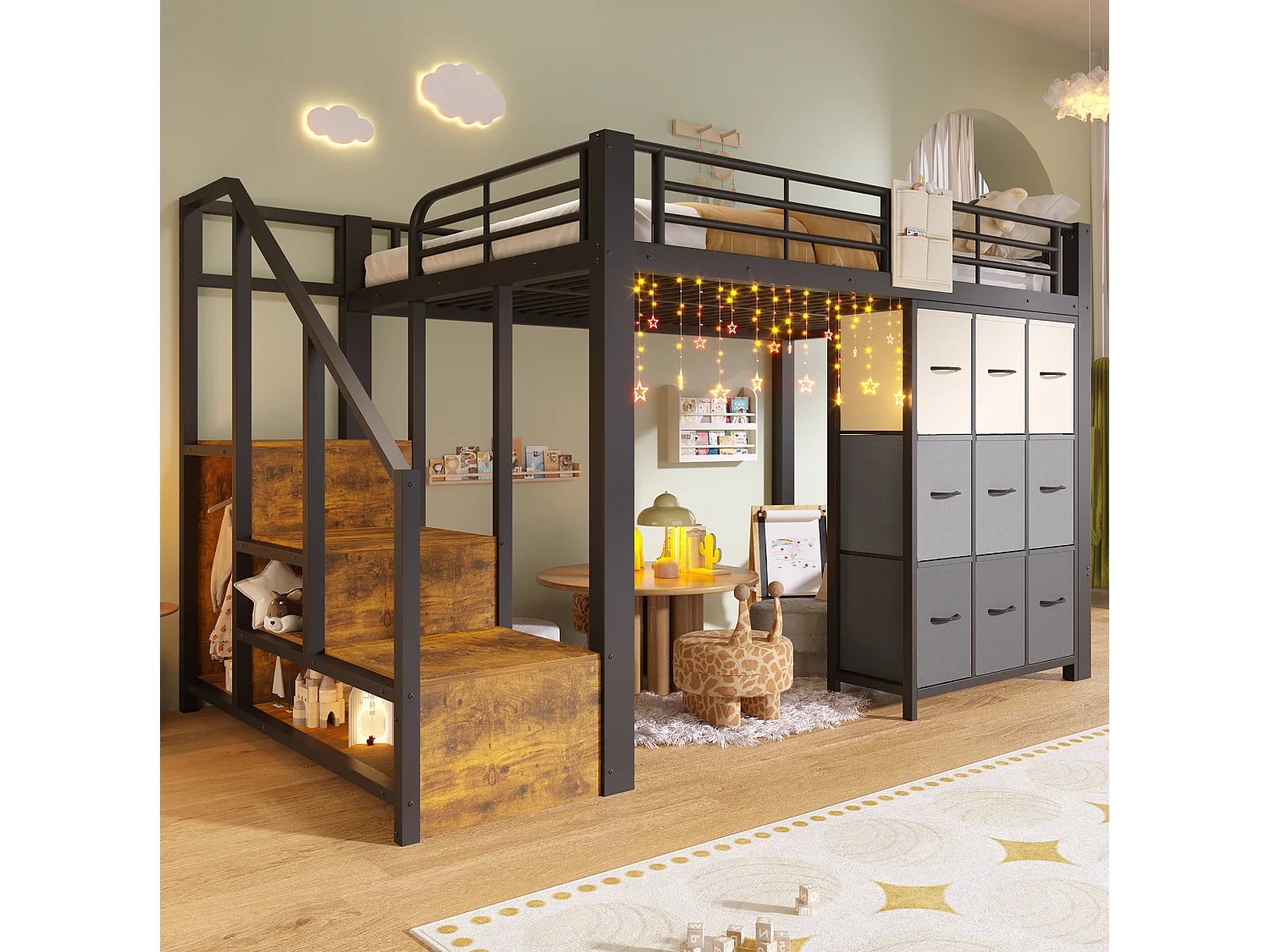 Letto a soppalco 140x200 cm con cassetti, armadio e scala con vani contenitore, in metallo, nero, materasso non incluso