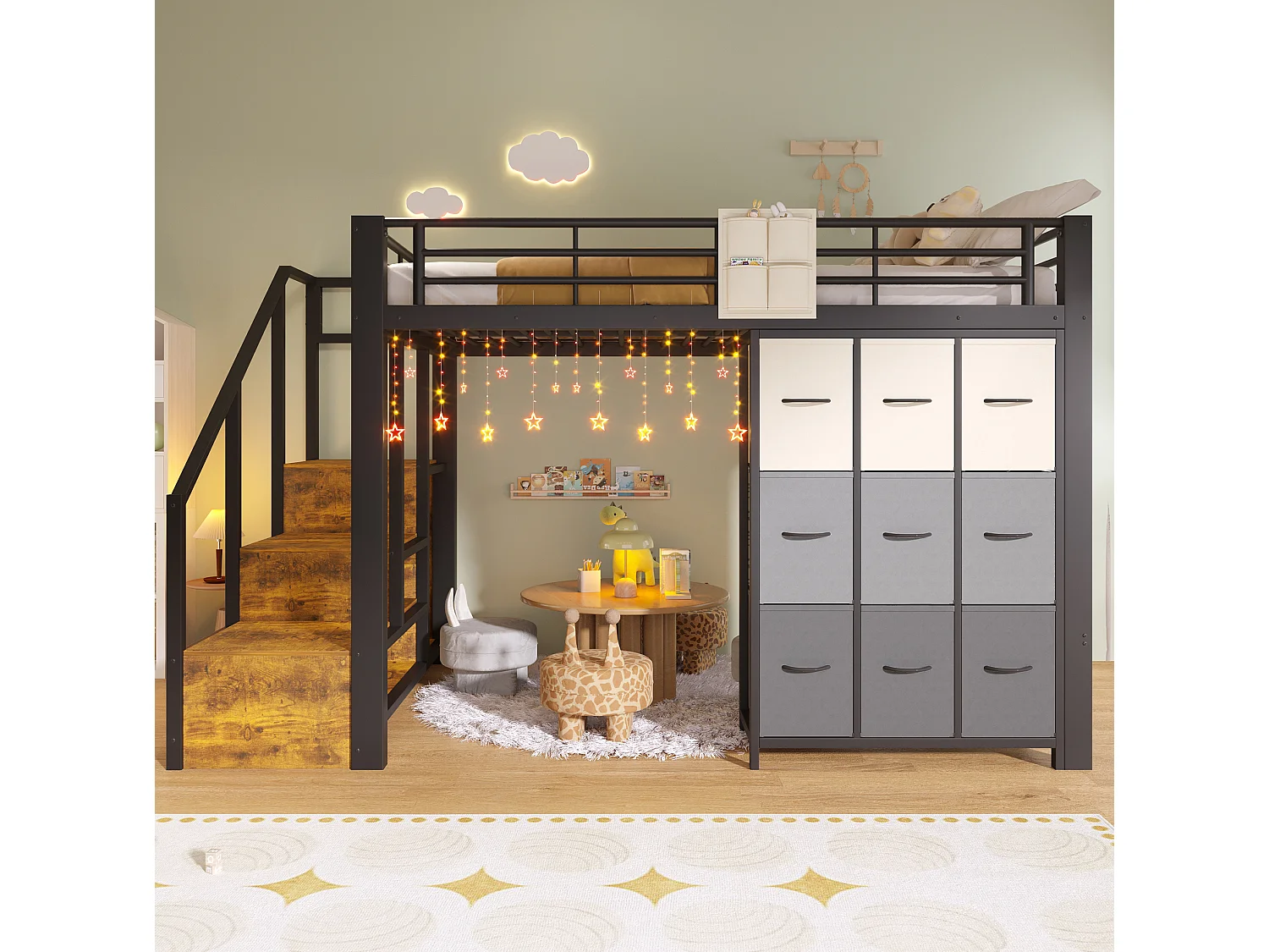 Letto a soppalco 140x200 cm con cassetti, armadio e scala con vani contenitore, in metallo, nero, materasso non incluso