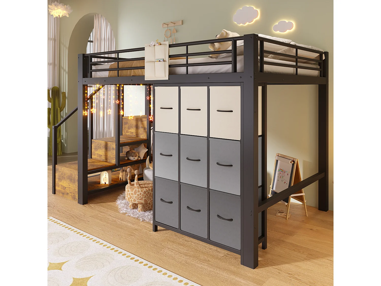 Letto a soppalco 140x200 cm con cassetti, armadio e scala con vani contenitore, in metallo, nero, materasso non incluso