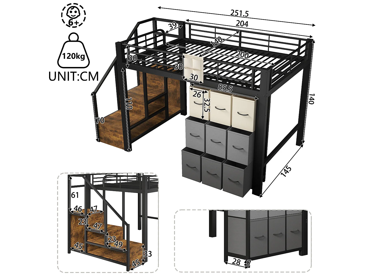 Letto a soppalco 140x200 cm con cassetti, armadio e scala con vani contenitore, in metallo, nero, materasso non incluso