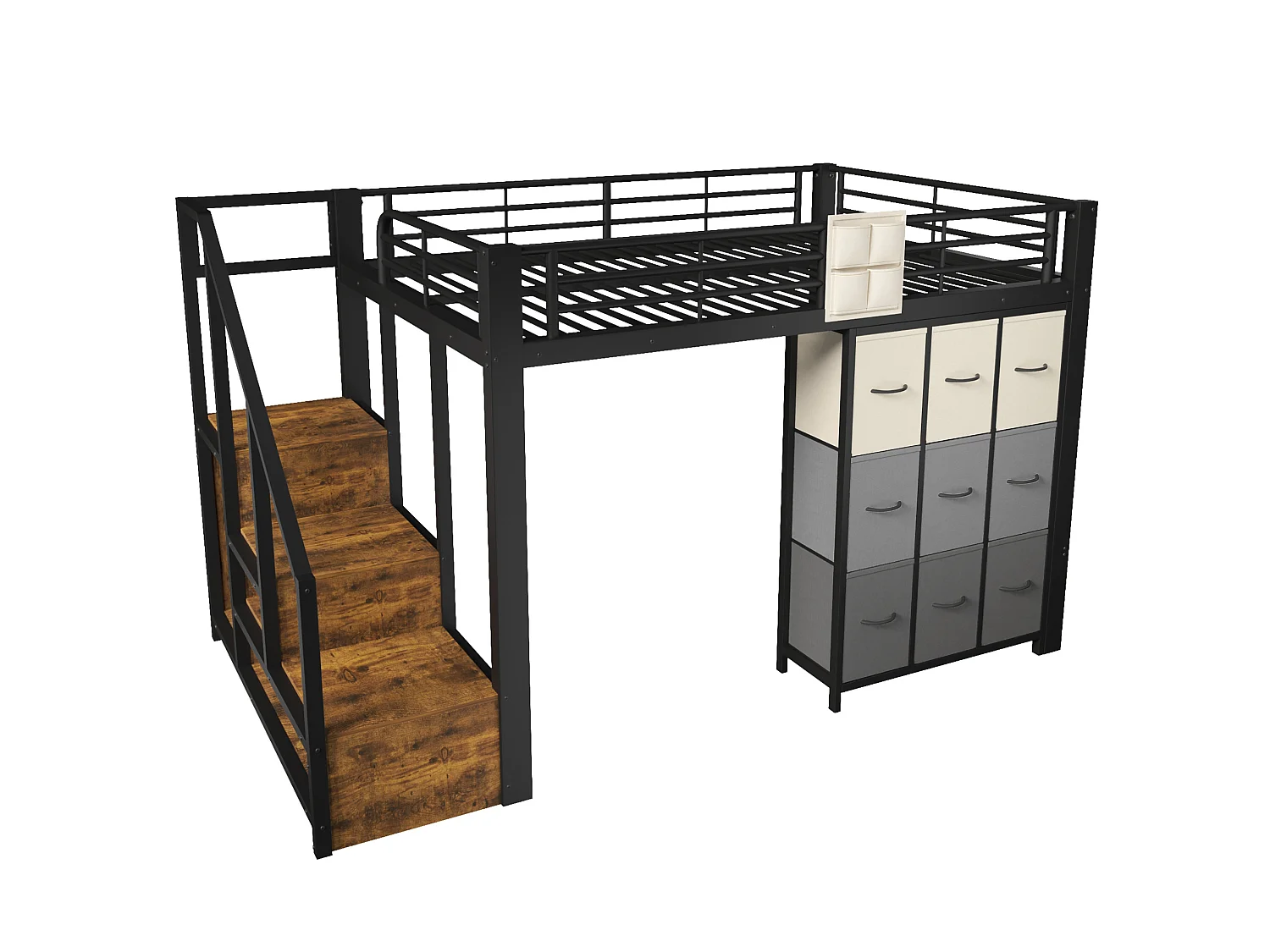 Letto a soppalco 140x200 cm con cassetti, armadio e scala con vani contenitore, in metallo, nero, materasso non incluso