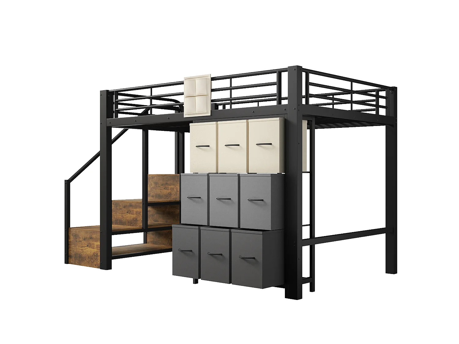 Letto a soppalco 140x200 cm con cassetti, armadio e scala con vani contenitore, in metallo, nero, materasso non incluso