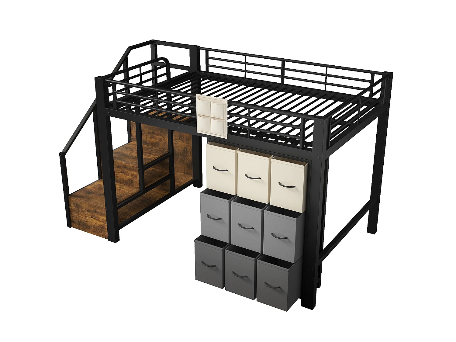 Letto a soppalco 140x200 cm con cassetti, armadio e scala con vani contenitore, in metallo, nero, materasso non incluso