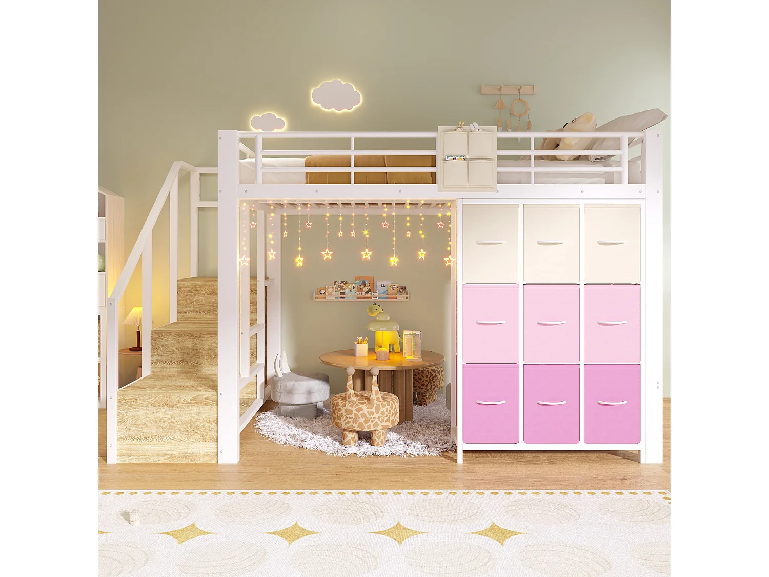 Letto a soppalco 140x200 cm con cassetti, armadio e scala con vani contenitore, in metallo, bianco, materasso non incluso