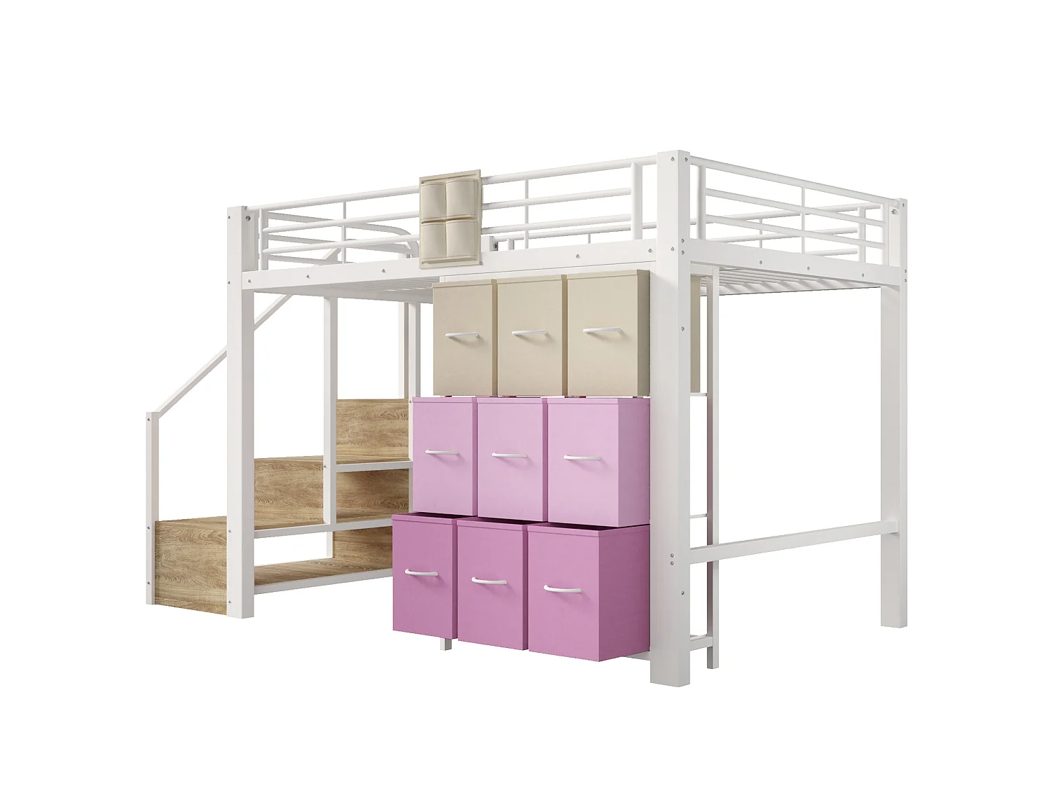 Letto a soppalco 140x200 cm con cassetti, armadio e scala con vani contenitore, in metallo, bianco, materasso non incluso