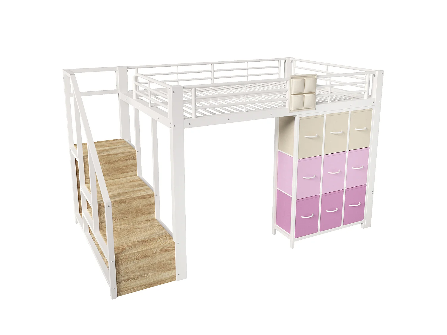 Letto a soppalco 140x200 cm con cassetti, armadio e scala con vani contenitore, in metallo, bianco, materasso non incluso