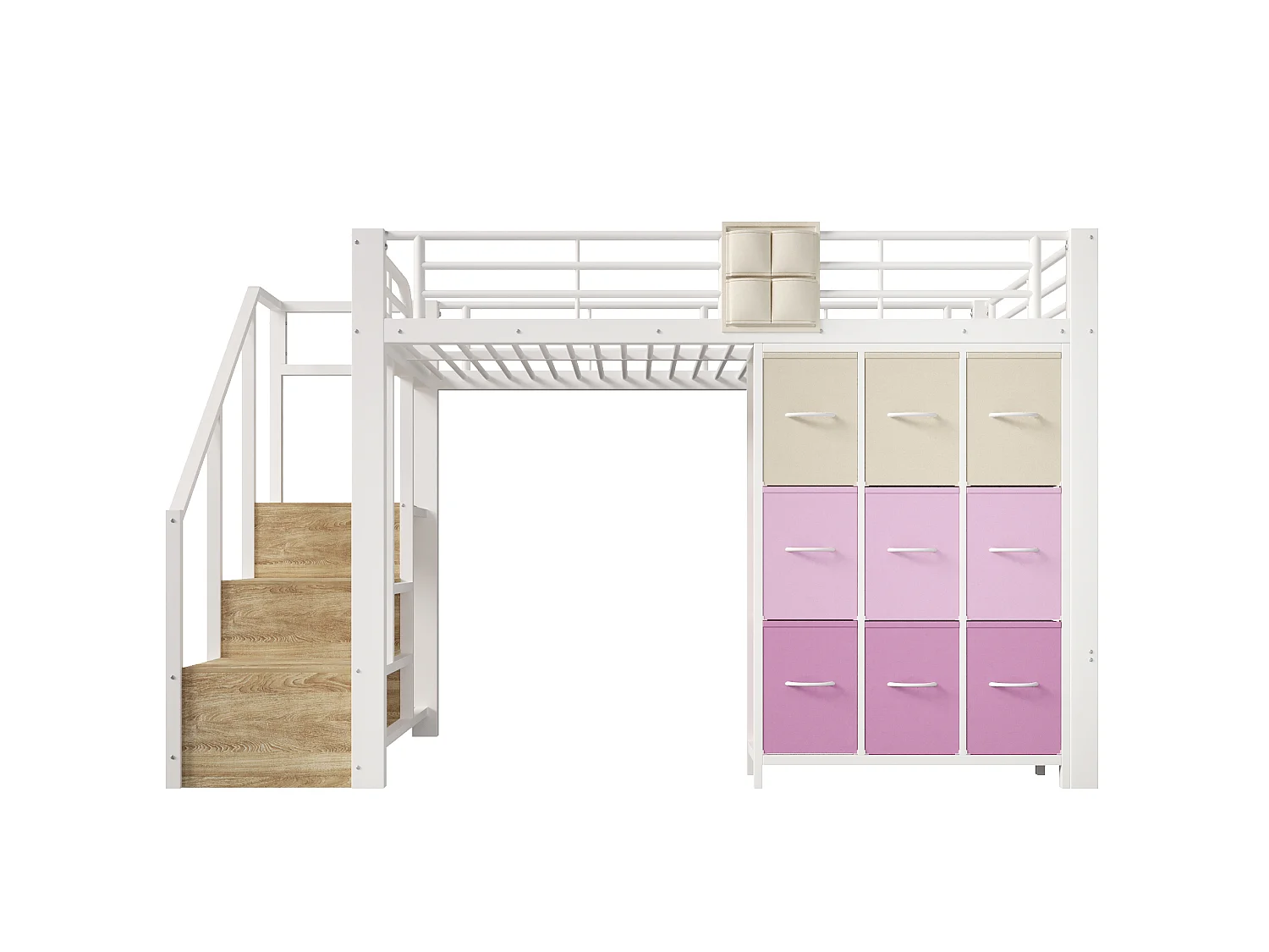 Letto a soppalco 140x200 cm con cassetti, armadio e scala con vani contenitore, in metallo, bianco, materasso non incluso