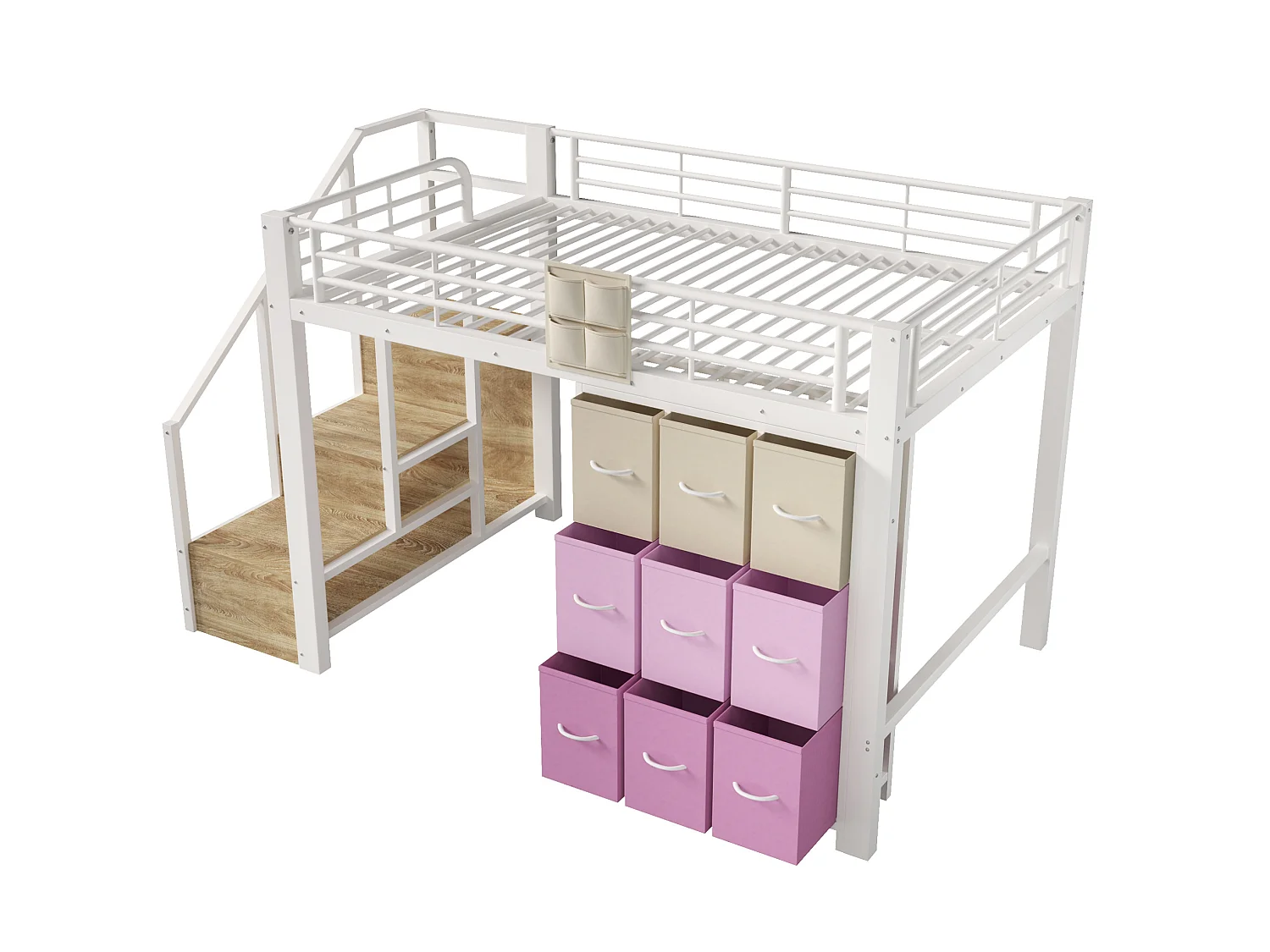 Letto a soppalco 140x200 cm con cassetti, armadio e scala con vani contenitore, in metallo, bianco, materasso non incluso