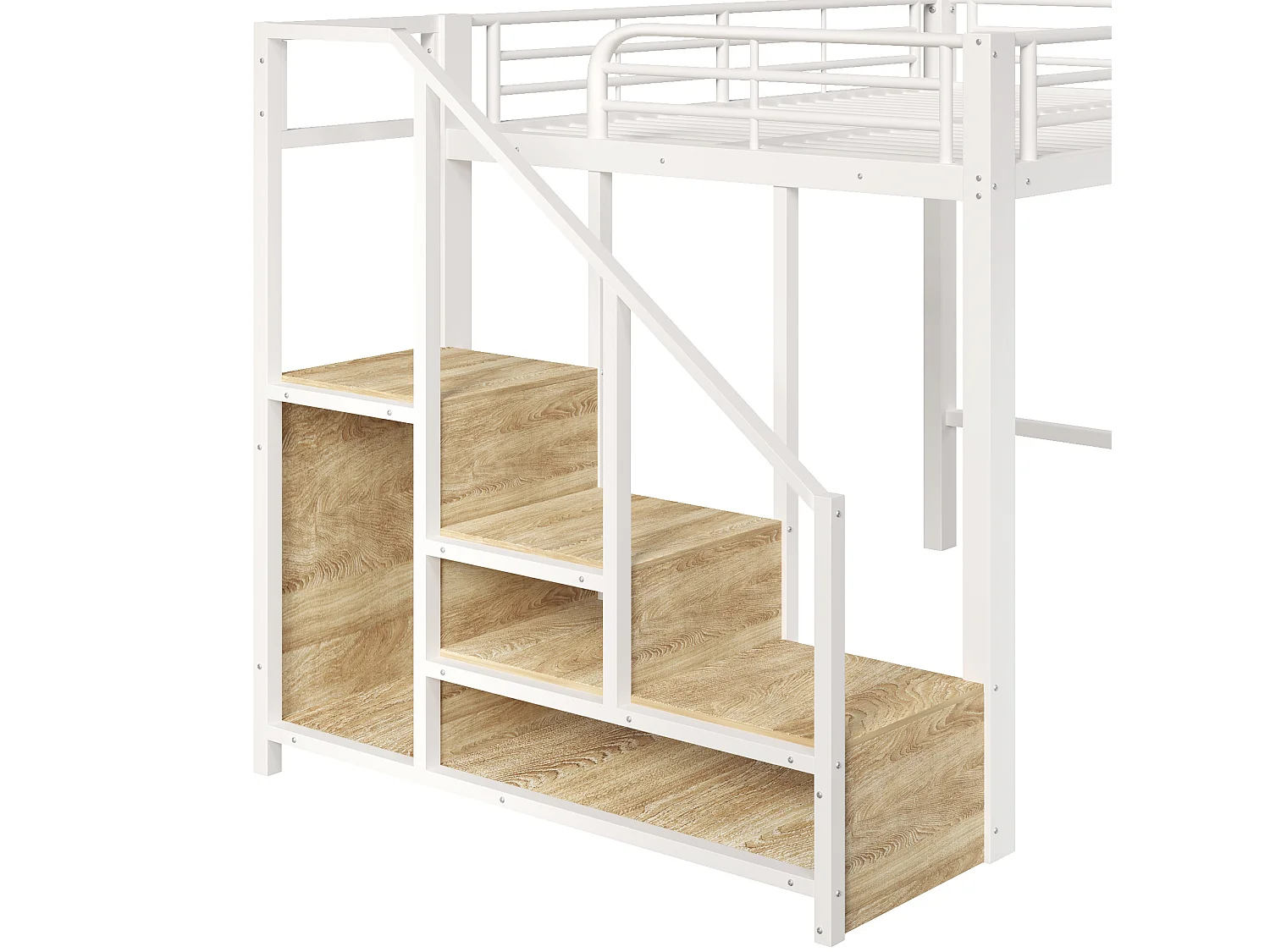 Letto a soppalco 140x200 cm con cassetti, armadio e scala con vani contenitore, in metallo, bianco, materasso non incluso