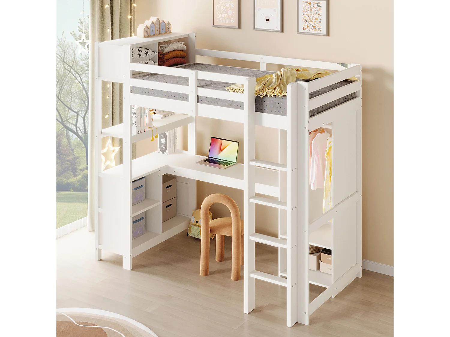 Letto a soppalco 90x200 cm con scrivania, scaffali e armadio, in legno bianco, materasso non incluso