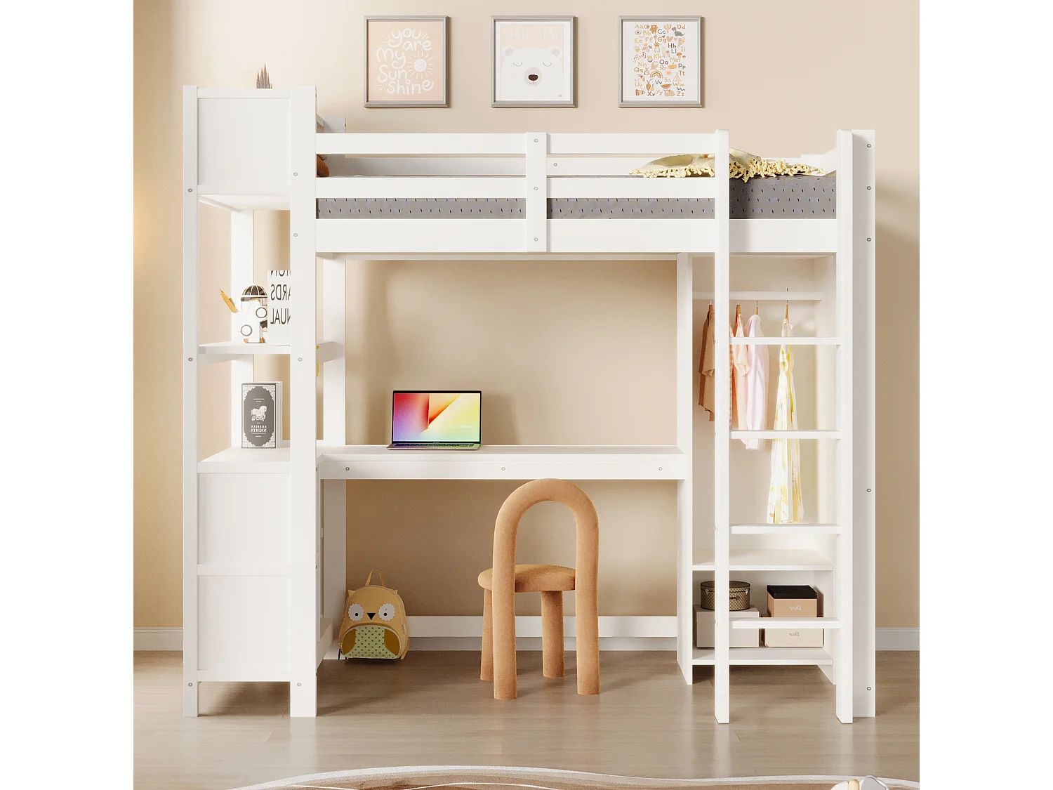 Letto a soppalco 90x200 cm con scrivania, scaffali e armadio, in legno bianco, materasso non incluso