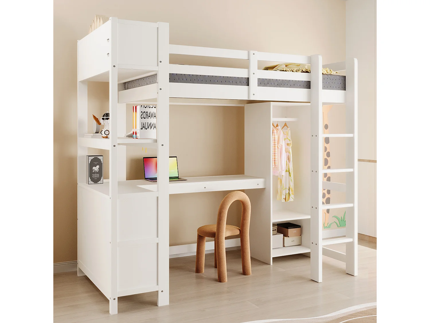 Letto a soppalco 90x200 cm con scrivania, scaffali e armadio, in legno bianco, materasso non incluso