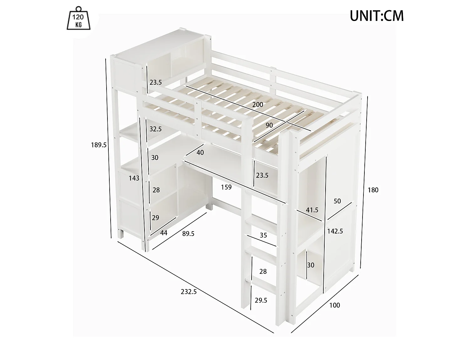 Letto a soppalco 90x200 cm con scrivania, scaffali e armadio, in legno bianco, materasso non incluso