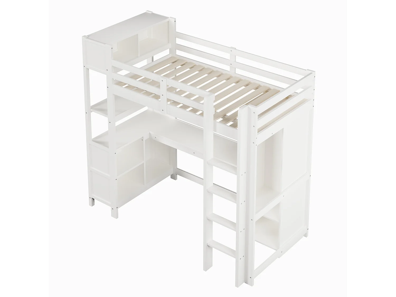 Letto a soppalco 90x200 cm con scrivania, scaffali e armadio, in legno bianco, materasso non incluso