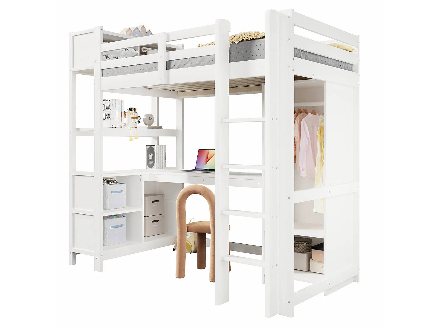 Letto a soppalco 90x200 cm con scrivania, scaffali e armadio, in legno bianco, materasso non incluso