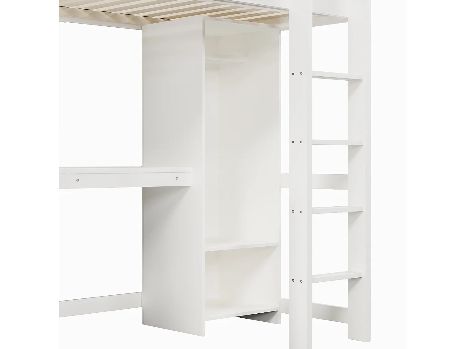 Letto a soppalco 90x200 cm con scrivania, scaffali e armadio, in legno bianco, materasso non incluso