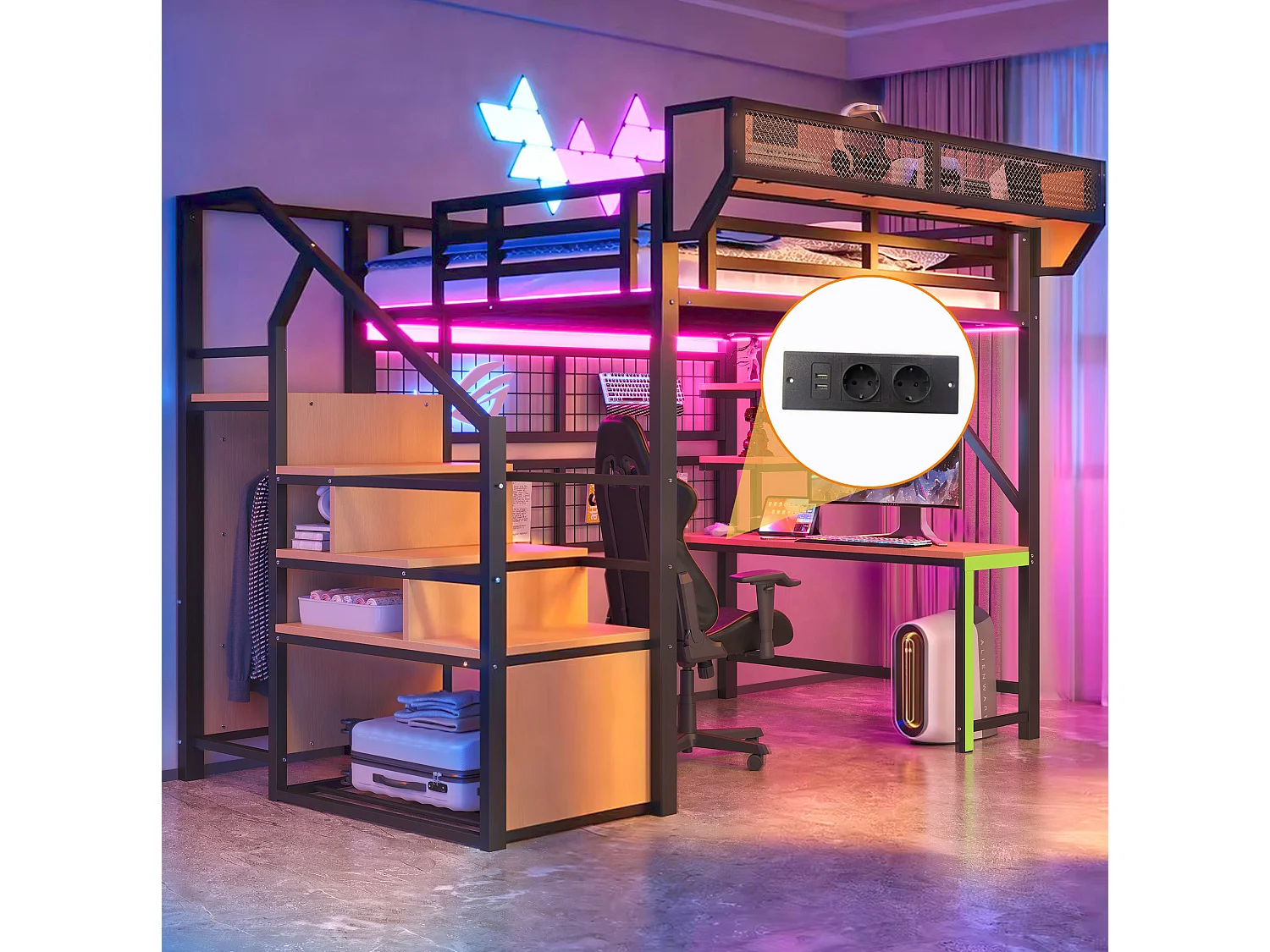 Letto a soppalco in metallo 140x200 cm con scrivania, ripiani, luci LED e prese elettriche – nero – materasso non incluso