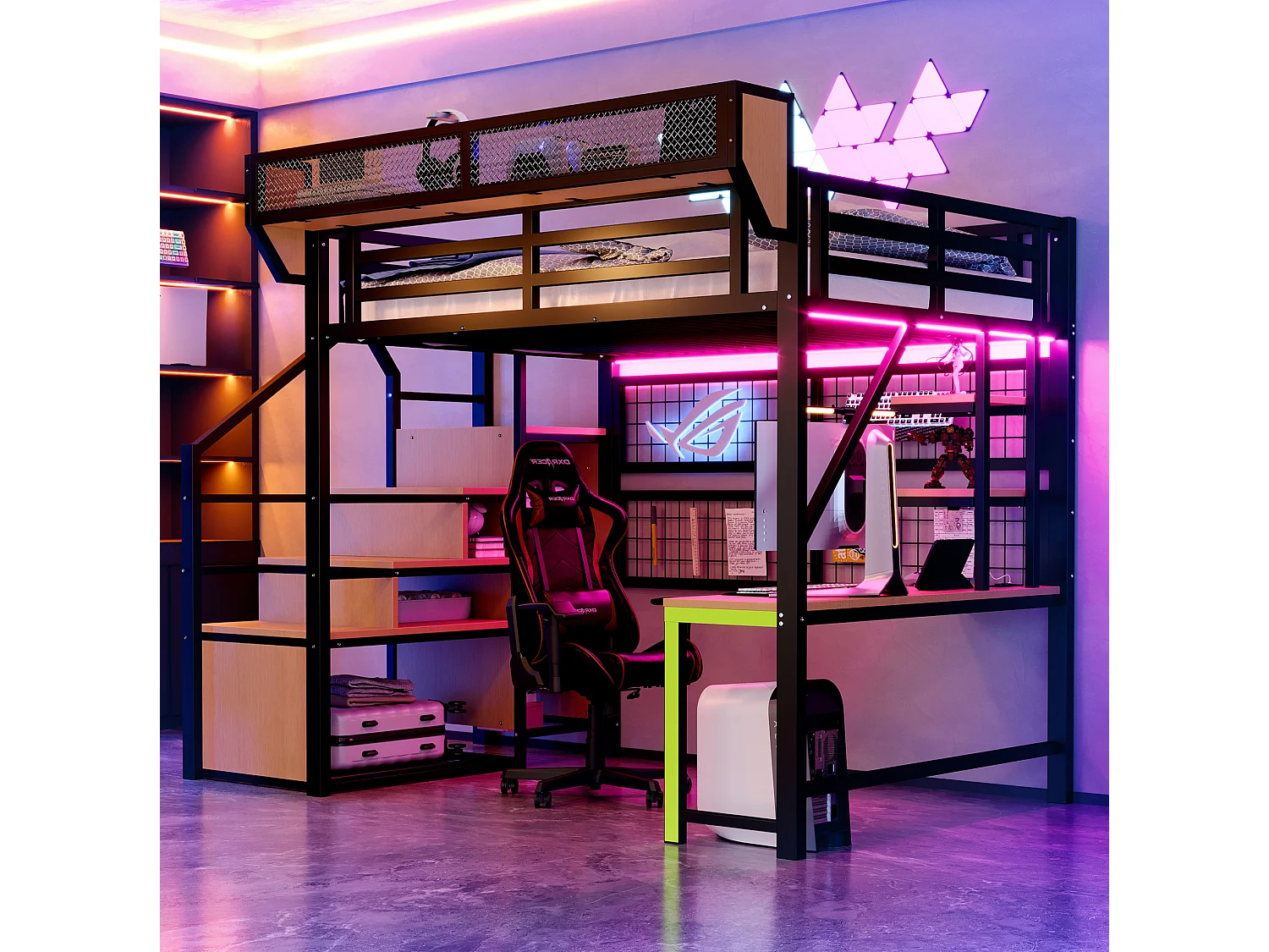 Letto a soppalco in metallo 140x200 cm con scrivania, ripiani, luci LED e prese elettriche – nero – materasso non incluso