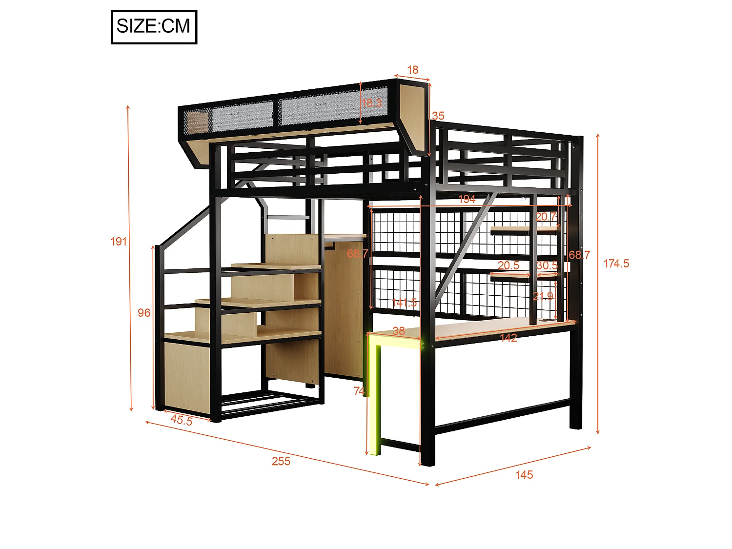 Letto a soppalco in metallo 140x200 cm con scrivania, ripiani, luci LED e prese elettriche – nero – materasso non incluso
